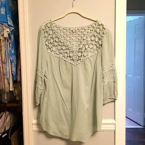 J Peterman Peasant Blouse M Crochet Accent Oversized, Lined, Lt. Green